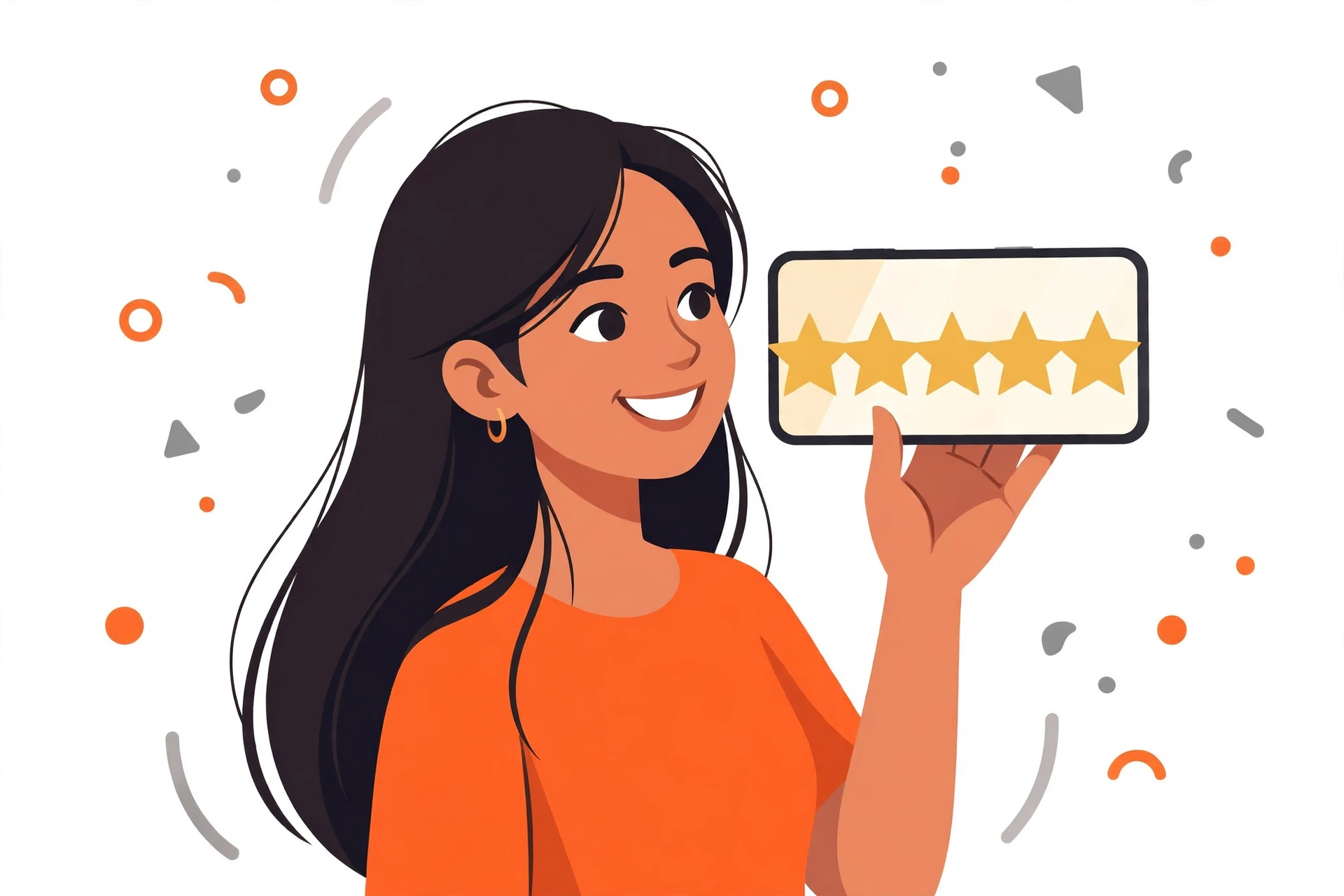 Happy customer holding up a phone with five gold stars