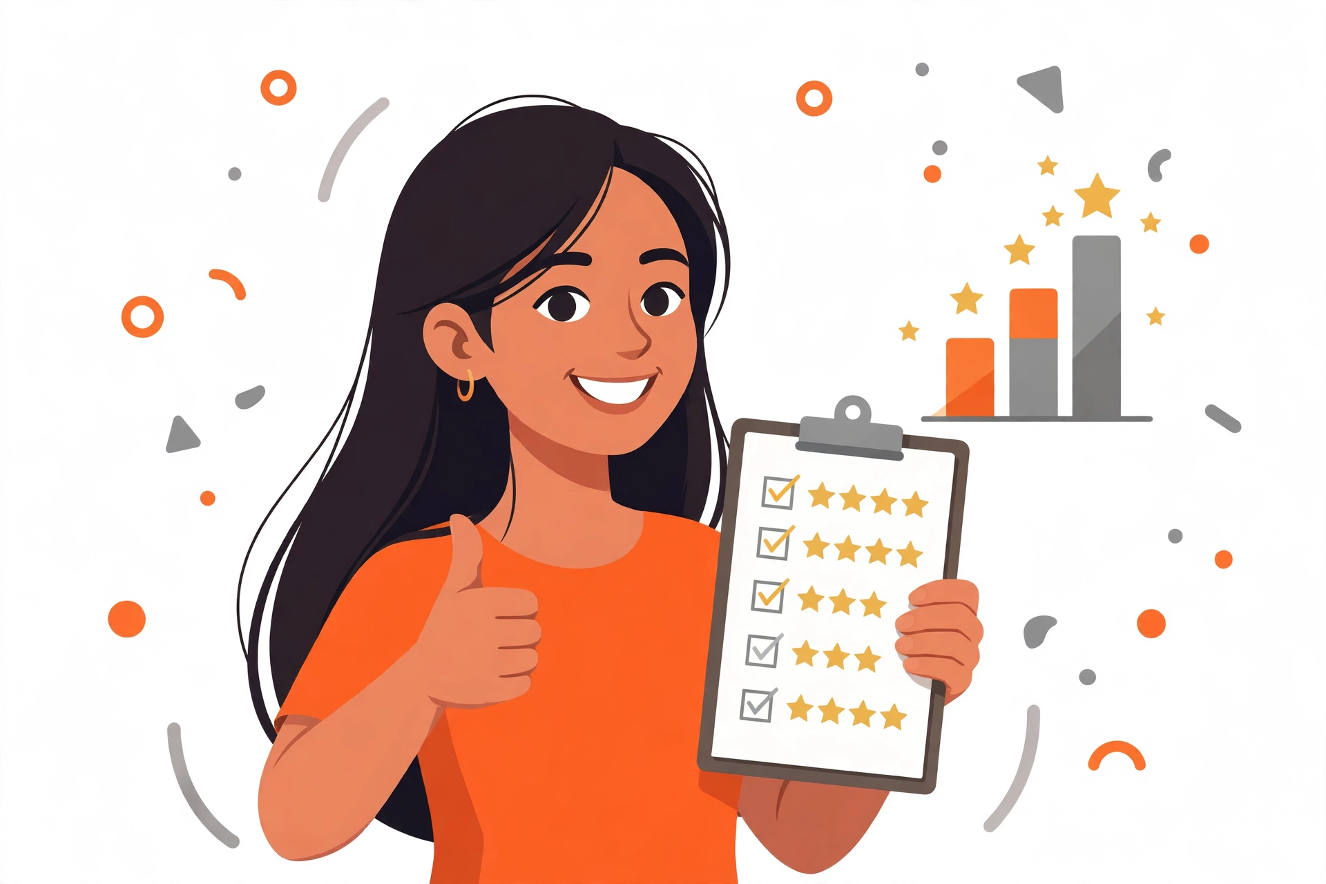 Happy customer with a review checklist and rising star ratings